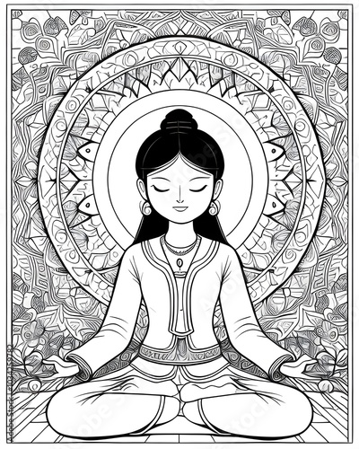Yoga girl in lotus pose on mandala background. Black and white illustration for coloring book.