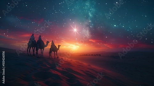 Three astrologers in flowing robes pointing toward a glowing star in a twilight sky, camels standing on the dunes as the last light of day fades into night, a magical, ethereal scene --ar 16:9 --v 6.