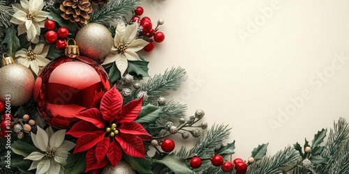 Festive Christmas Border with Red Baubles and Vibrant Poinsettias on Evergreen Background Copy Space
