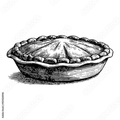 Detailed Pie Illustration in Vintage Black and White Outline Line Art Drawing Style
