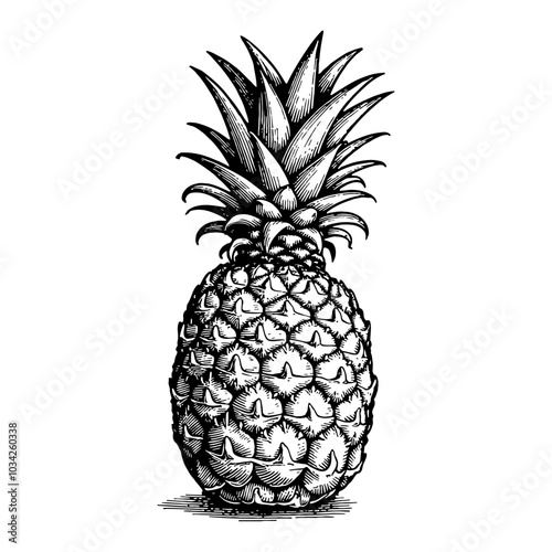 Pineapple in Detailed Vintage Style Black and White Outline Line Art Drawing