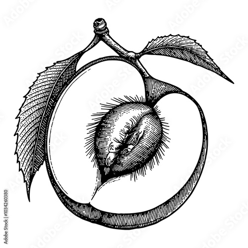 Detailed Sliced Peach Fruit in Black and White Outline Line Art Drawing with Leaf and Branch