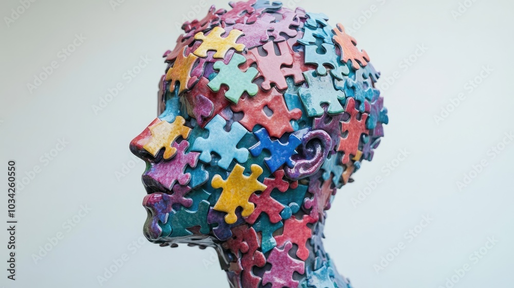 A human head composed of colorful puzzle pieces, symbolizing mental health awareness on World Mental Health Day A human head composed of colorful puzzle pieces, symbolizing mental health awareness on World Mental Health Day