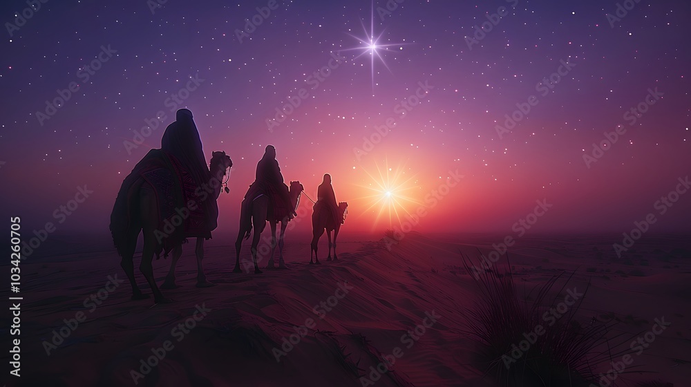 Fototapeta premium Three astrologers in ornate robes, pointing toward a brilliant star in a twilight sky filled with shades of violet and orange, the camels standing on the dunes,
