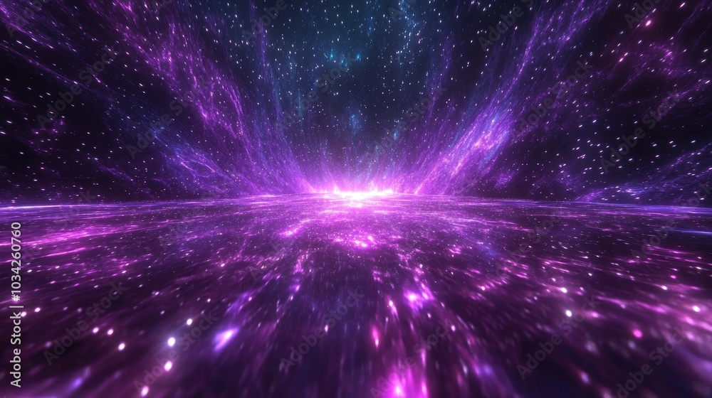 Naklejka premium A mesmerizing galaxy holographic background with glowing purple tones, illuminated under a starry night sky