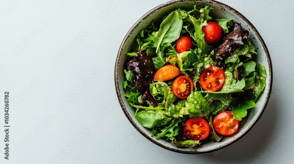 A minimalist salad bowl filled with mixed greens and tomatoes, isolated on a white background A minimalist salad bowl filled with mixed greens and tomatoes, isolated on a white background