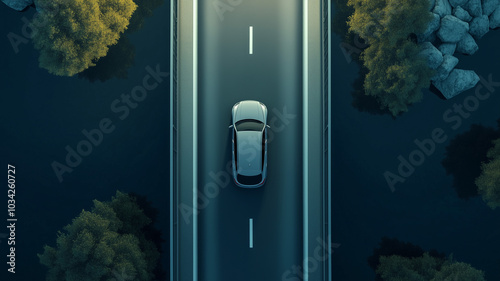 Car driving across a bridge over a river. Peaceful quiet place, drone view. Car on center perspective. Generative AI