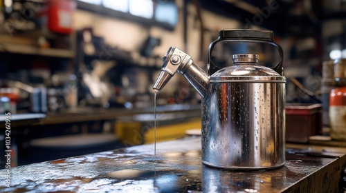 A metal oil can on an industrial workshop surrounded by tools and machinery photo