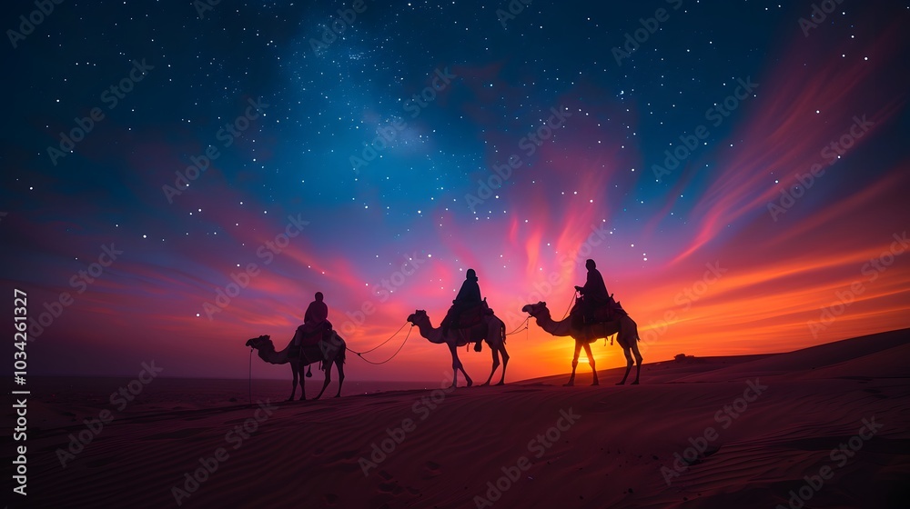 Three astrologers on camels at dusk, the sky ablaze with colors from the setting sun, shadows stretching across the desert, the soft glow of a star just visible on the horizon, Three astrologers on camels at dusk, the sky ablaze with colors from the setting sun, shadows stretching across the desert, the soft glow of a star just visible on the horizon,