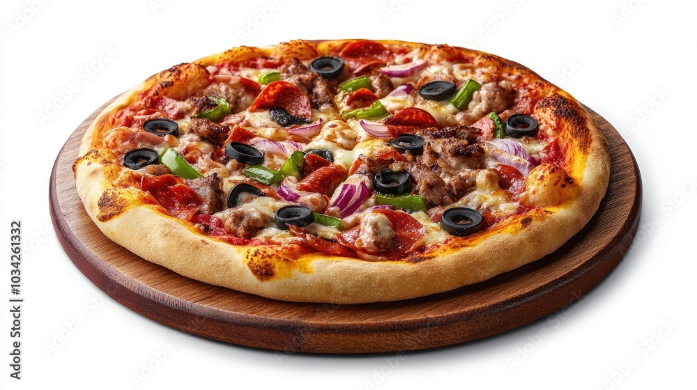 A pizza fresh out of the oven, served on a wooden tray, isolated on a white background A pizza fresh out of the oven, served on a wooden tray, isolated on a white background