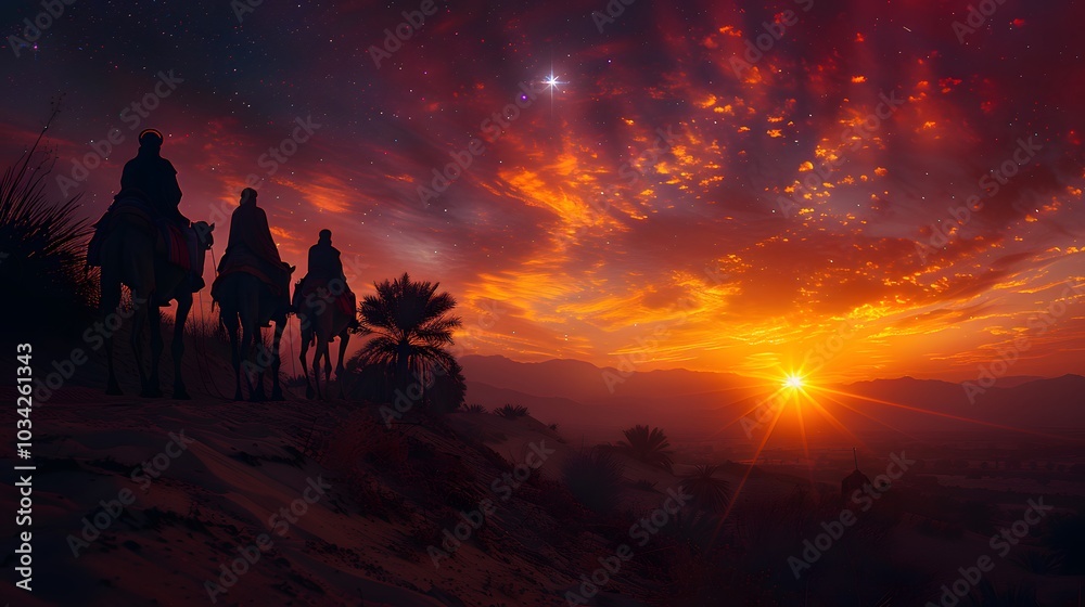 Three astrologers on camels at dusk, the sky ablaze with colors from the setting sun, shadows stretching across the desert, the soft glow of a star just visible on the horizon,