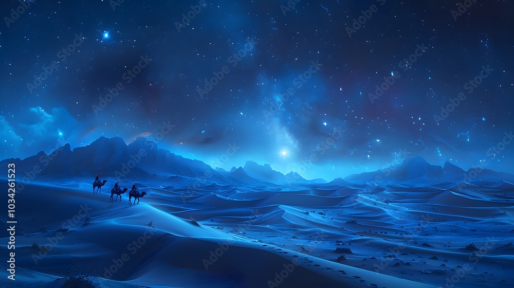 Naklejka premium Three astrologers on camels crossing a desert of wind-sculpted sand dunes, a glowing star in the night sky lighting up their path, the dunes softly illuminated under the starlight,