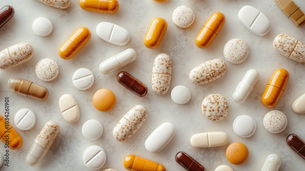 A Daily Vitamin Pack With Assorted Pills, Promoting Comprehensive Health Support, Multivitamins Pills And Capsules On White Marble Table A Daily Vitamin Pack With Assorted Pills, Promoting Comprehensive Health Support, Multivitamins Pills And Capsules On White Marble Table