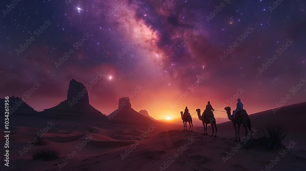 Three astrologers on camels in the foreground, a towering, glowing eastern star dominating the night sky, desert landscape with rolling dunes, soft pink and purple hues in the sky, Three astrologers on camels in the foreground, a towering, glowing eastern star dominating the night sky, desert landscape with rolling dunes, soft pink and purple hues in the sky,
