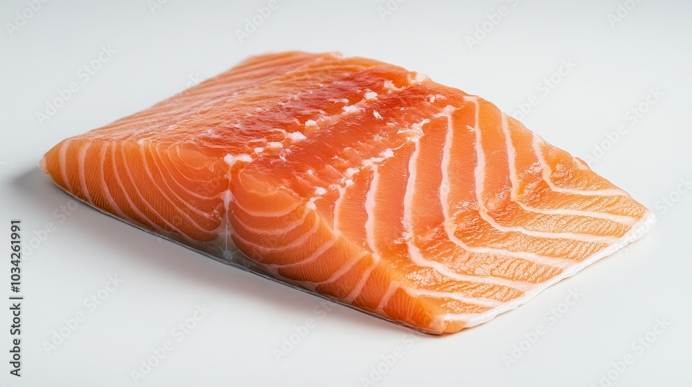 A succulent piece of raw salmon fillet placed on a white background, perfect for culinary themes A succulent piece of raw salmon fillet placed on a white background, perfect for culinary themes