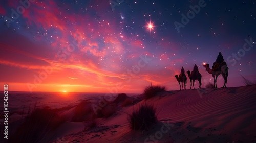 Three astrologers on camels pointing at a radiant star in the twilight sky, the horizon glowing with soft oranges and purples, long shadows cast over the desert dunes,