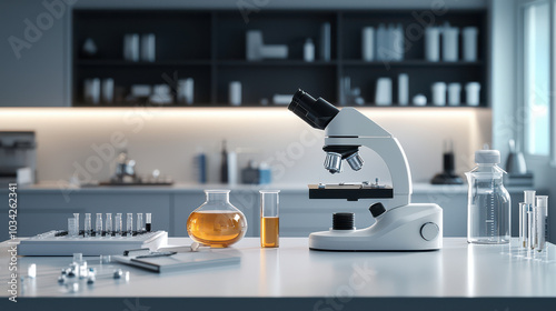 Laboratory Microscope with Flasks  Test Tubes and Beaker on White Tabletop photo