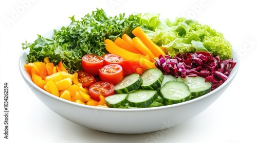 A wholesome salad bowl with colorful ingredients, beautifully arranged on a white background