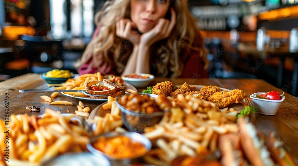 Binge Eating Emotion: Person Sitting Alone with Piles of Food, Distress Expression and Fork Paused, Capturing the Intensity of Overeating Binge Eating Emotion: Person Sitting Alone with Piles of Food, Distress Expression and Fork Paused, Capturing the Intensity of Overeating