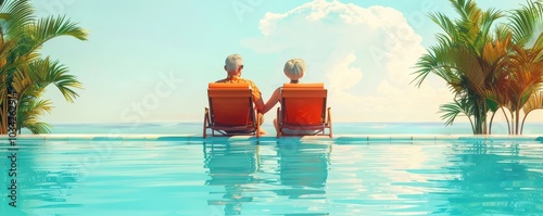 Relaxed seniors sitting by the poolside in wooden chairs, under tropical palms, with a serene, bright sky in the background. Free copy space for text.