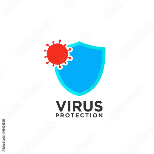 Virus and shield, antibacterial protection, antiviral drug logo design. Antibacterial protection icon, shield and virus  vector design and illustration.
