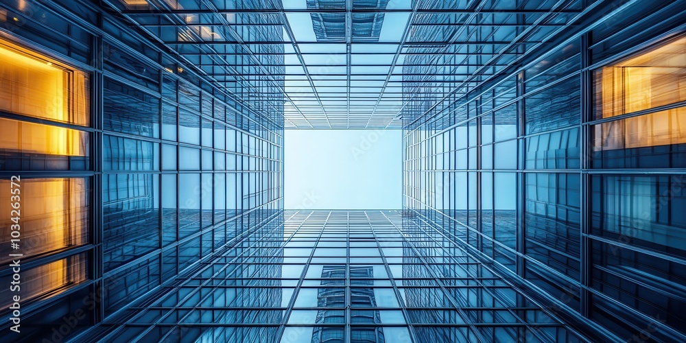 Modern skyscraper architecture with reflective glass and geometric lines, capturing urban elegance and futuristic design from a unique perspective. Modern skyscraper architecture with reflective glass and geometric lines, capturing urban elegance and futuristic design from a unique perspective.