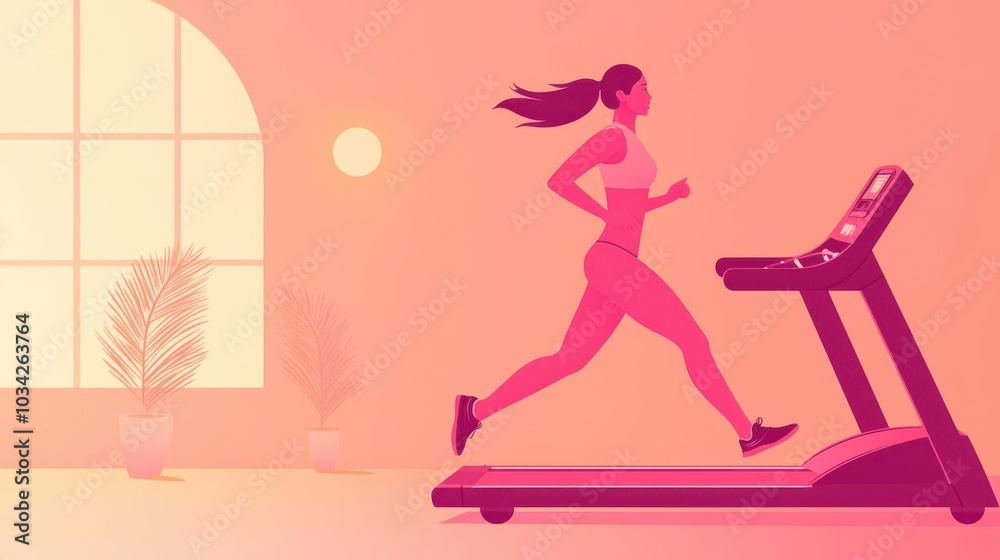 Woman running on a treadmill with a determined look, fitness tracking interface, gym background, goal-oriented Woman running on a treadmill with a determined look, fitness tracking interface, gym background, goal-oriented