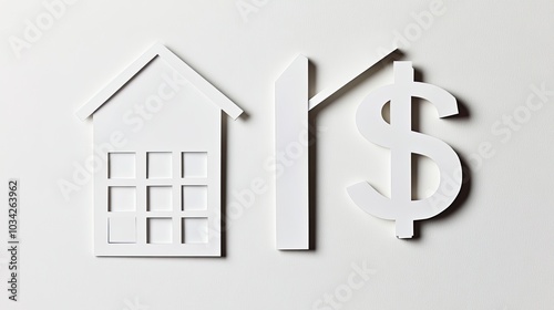 Paper cutouts of a house, dollar sign, and calculator, symbolizing home finance and budgeting, on white