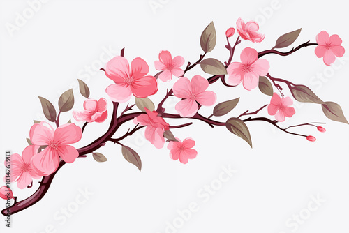 A vector hand drawn pink flower branch isolated on transparent background