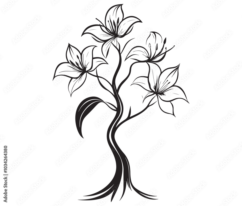 Obraz premium Tree with flowers. Lily flower tree outline vector