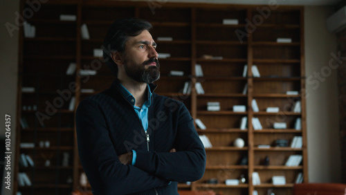 Concentrated pensive thoughtful bearded Caucasian mature man guy business male puzzled businessman boss thinking touch chin beard look distance contemplating think solution decision indoor office room