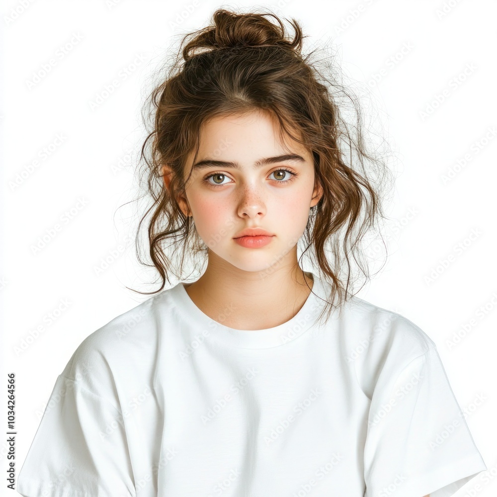 Fresh-faced young woman in white tee, isolated on white background Fresh-faced young woman in white tee, isolated on white background