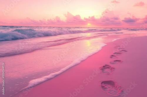 A pink beach with heart-shaped footprints in the sand, a pink sunset sky, and ocean waves create a beautiful, romantic, and dreamy scene.
