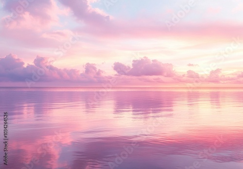 Beautiful pastel pink sky and water background with sunset reflection, calm sea horizon, dreamy sky clouds. Pink and purple sky, tranquil ocean view, serene nature landscape, peaceful summer day.