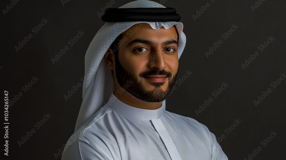A professional photo of an Emirati man in a white Kandra, looking at the camera. A professional photo of an Emirati man in a white Kandra, looking at the camera.