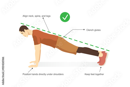 Man doing correct Pushup with Align neck, spine, legs back elbows and place hand, arm, feet on right position. Exercise diagram about abdominal muscles building with Push up.
