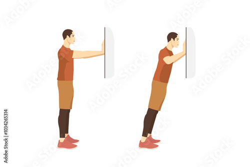 Sport Men doing exercise with wall push up plus posture. illustration about workouts at shoulder and arm muscles and spine.