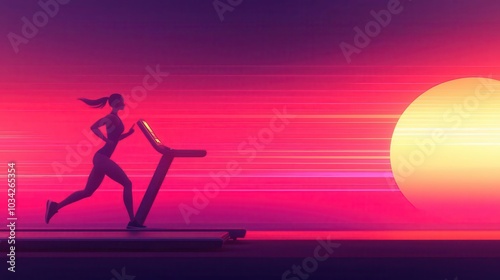 Woman running on a treadmill with a determined look, fitness tracking interface, gym background, goal-oriented