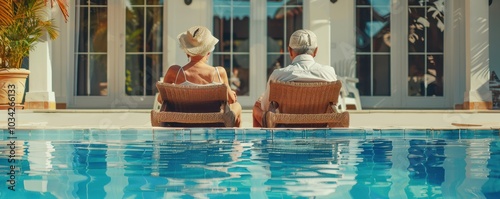 Relaxed seniors sitting by the poolside in wooden chairs, under tropical palms, with a serene, bright sky in the background. Free copy space for text. photo