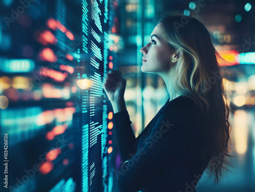 Young Woman Analyzing Data on a Digital Whiteboard. Business and Technology Concept. Image Generated by AI.