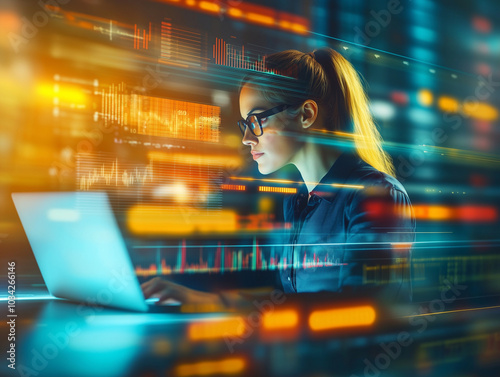 Young Blonde Woman Tracking Stock Prices on Her Laptop. Finance and Investment Concept. Image Generated by AI.