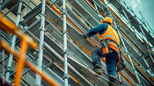 Man climbing scaffolding at a construction site, ascending carefully as part of building work, engaged in construction labor high above the ground, scaffolding structure supporting the ongoing project