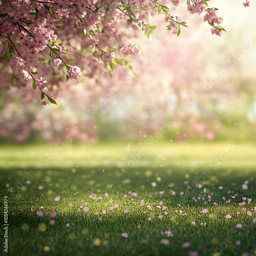 A serene landscape with blooming cherry blossoms and a grassy field, evoking tranquility and natural beauty.