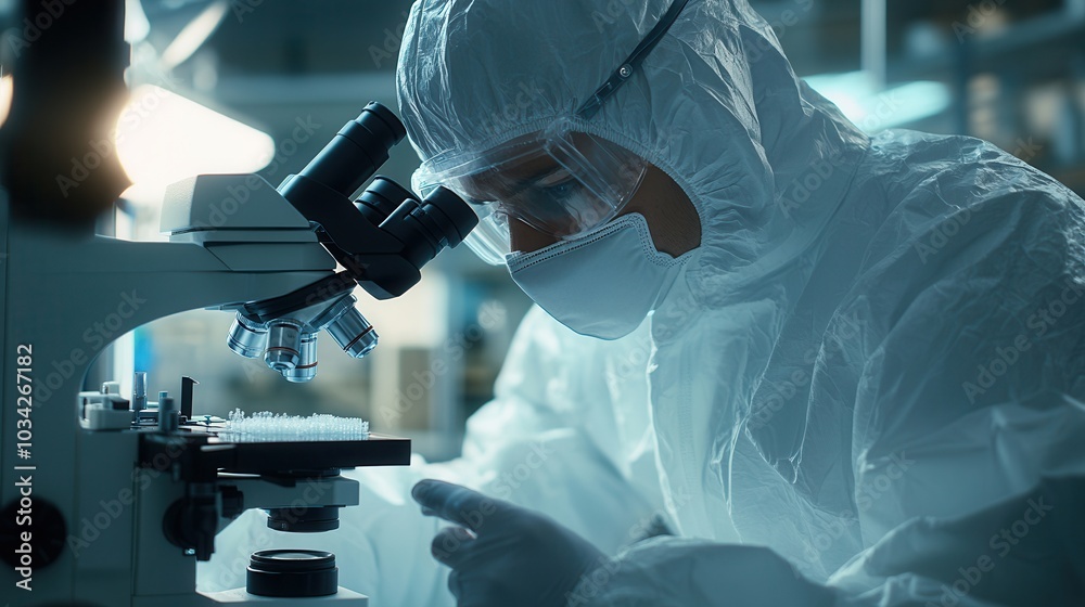 Scientist in protective gear observing samples through a microscope in a modern laboratory setting, conducting research and analysis. Scientist in protective gear observing samples through a microscope in a modern laboratory setting, conducting research and analysis.