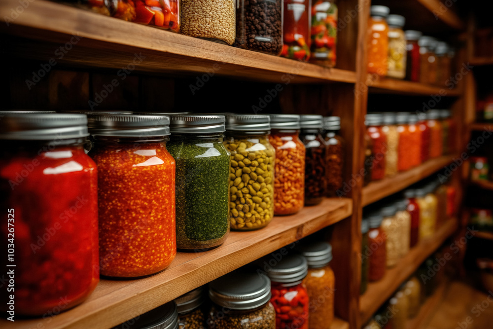 An Image Of A Neatly Organized Food Storehouse Filled With Shelves Of Canned Goods, Grains, And Dried Fruits, Showcasing Long-Term Food Storage An Image Of A Neatly Organized Food Storehouse Filled With Shelves Of Canned Goods, Grains, And Dried Fruits, Showcasing Long-Term Food Storage
