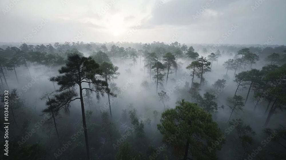 Misty forest with tall pine trees and a sun peeking through the clouds. Misty forest with tall pine trees and a sun peeking through the clouds.