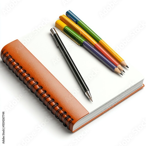 Blank Notebook with Colorful Stationery on White Background