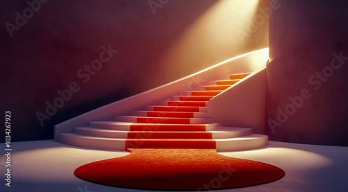 A red carpet on a white circular stage with stairs and a spotlight illuminated.