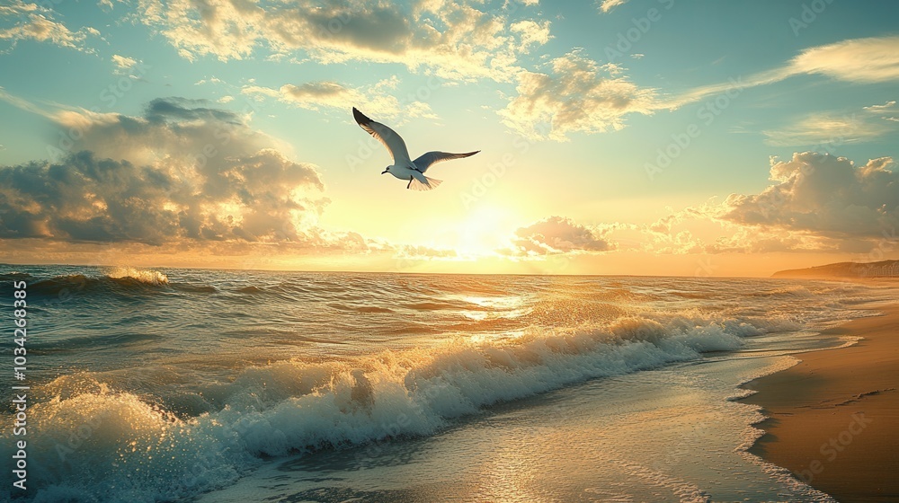 Naklejka premium Serene ocean scene at sunrise with waves crashing onto the shore and a seagull soaring gracefully in the sky, creating a tranquil atmosphere.