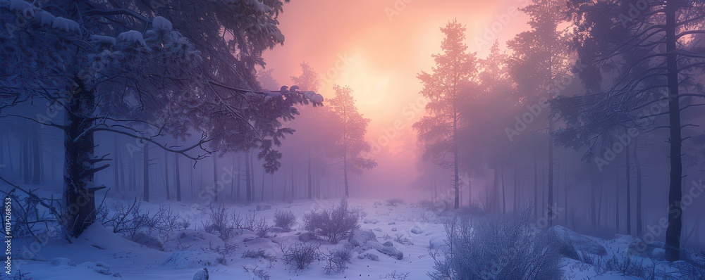 Mystical winter wonderland with dense pine trees and snow-covered ground enveloped in thick fog, creating an ethereal atmosphere. Free copy space for text.